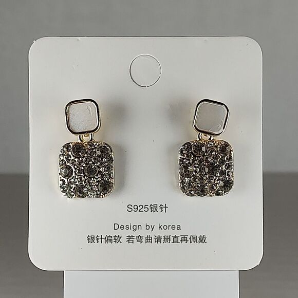 Gold Tone Metal Colorless Rhinestones Pearl Tone Stud Dangle Drop Earrings S925 - Picture 5 of 16